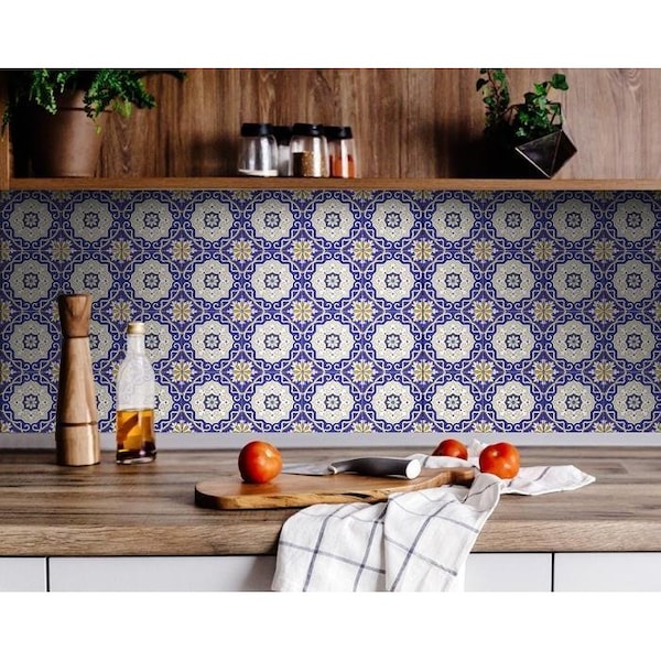 Homeroots 4 x 4 in. Blue, White & Gold Mosaic Removable Tiles 399830 - main